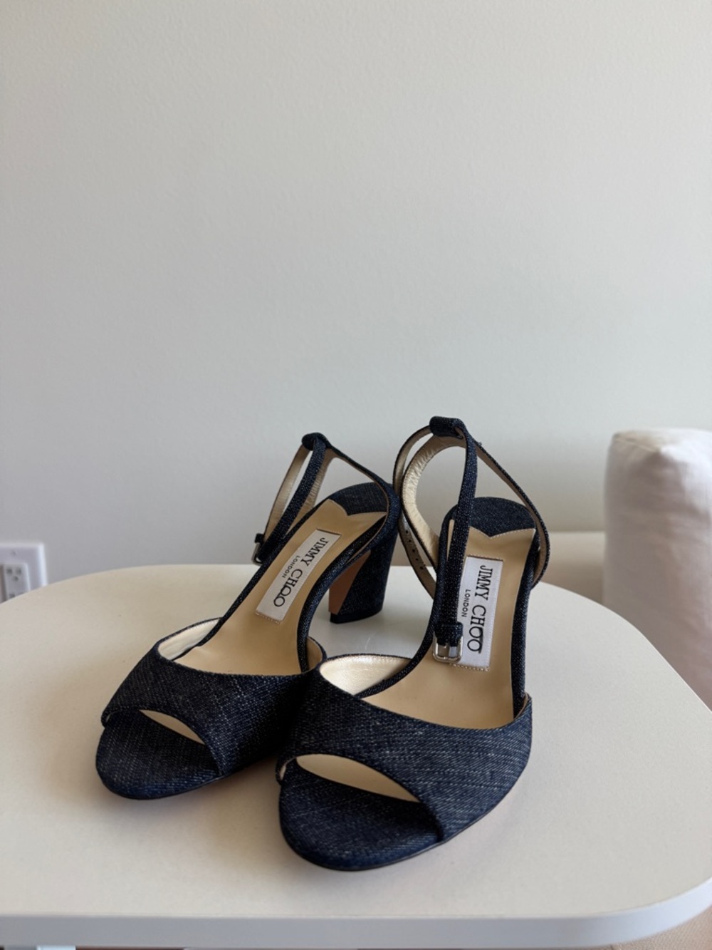 Jimmy Choo Black Denim T-Strap Open-Toe Block Heel Sandals